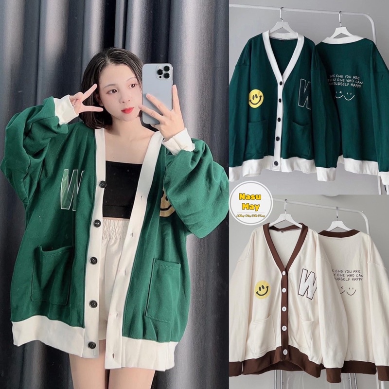 Áo Khoác Cardigan Mặt Cười W Xanh Be Form Rộng nam nữ 😊