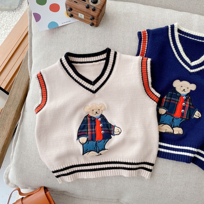 Áo Sweater Dệt Kim Sát Nách In Hình Gấu Hoạt Hình Thời Trang Thu Đông Cho Bé