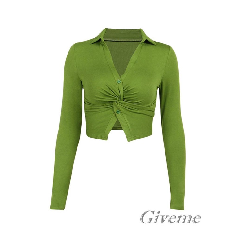 Áo Crop Top Dệt Kim Màu Trơn Cổ V Thắt Nút Xoắn Thời Trang Cho Nữ
