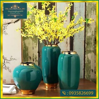 (Có sẵn )3 lọ hoa sứ xanh viền vàng