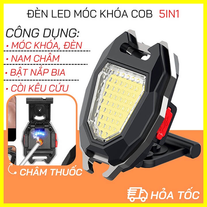 Đèn Led móc khóa mini siêu sáng đa năng 5 trong 1, bật bia, bật châm lửa, nam châm, còi báo hiệu