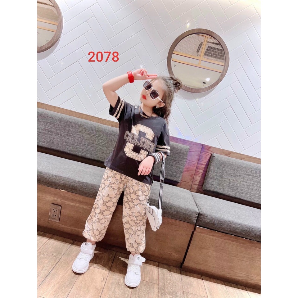 Bộ bé gái áo đen chữ Celine quần dài bo chân 10-24kg