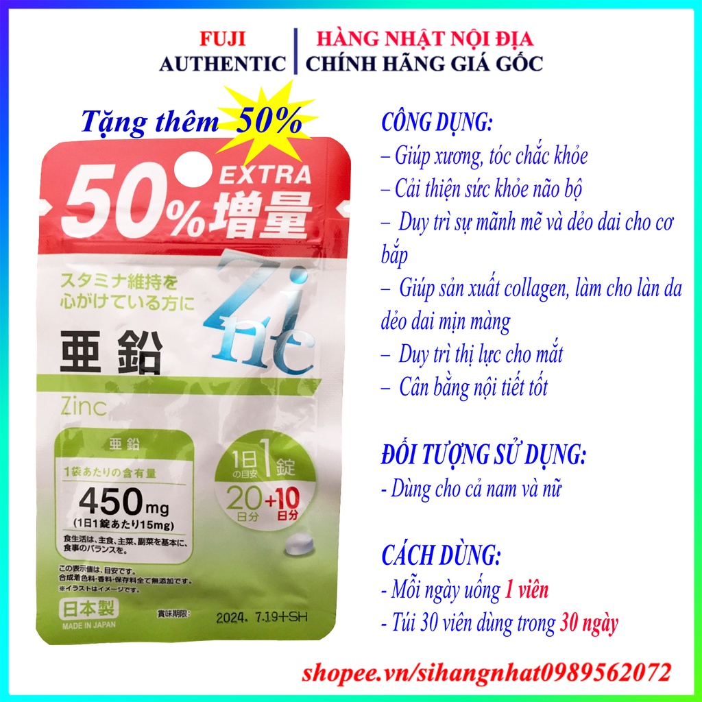 Tặng thêm 50% Viên uống Kẽm Zinc túi 30 ngày Nhật Bản