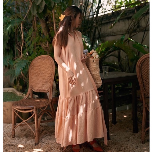 Đầm linen cam nude sát nách cổ buộc nơ SY STORE