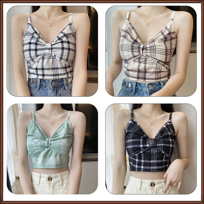 Áo Croptop Hai Dây Không Tay Thắt Nơ Họa Tiết Sọc Caro Thời Trang Mùa Hè Cho Nữ