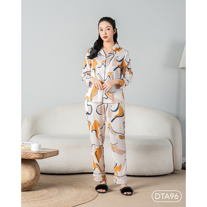 Bộ ngủ satin ZAM Luxury - DTA96 - áo dài tay quần dài hoạ tiết