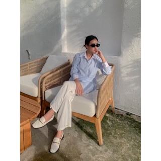 Áo sơ mi nữ dài tay form rộng cổ đức phối kate trắng sang trọng thời trang áo sơ mi nữ sọc công sở áo sơ mi sọc xanh