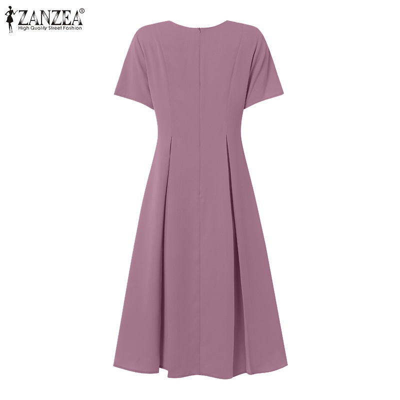 Đầm ZANZEA ngắn tay cổ chữ V xếp ly lưng cao vừa phối khóa kéo thời trang thanh lịch cho nữ
