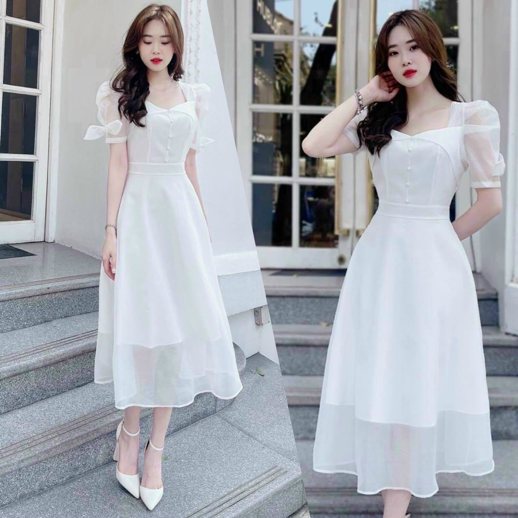 ĐẦM VÁY NỮ DÁNG TIỂU THƯ TAY ĐÍNH NƠ CÚC THẬT