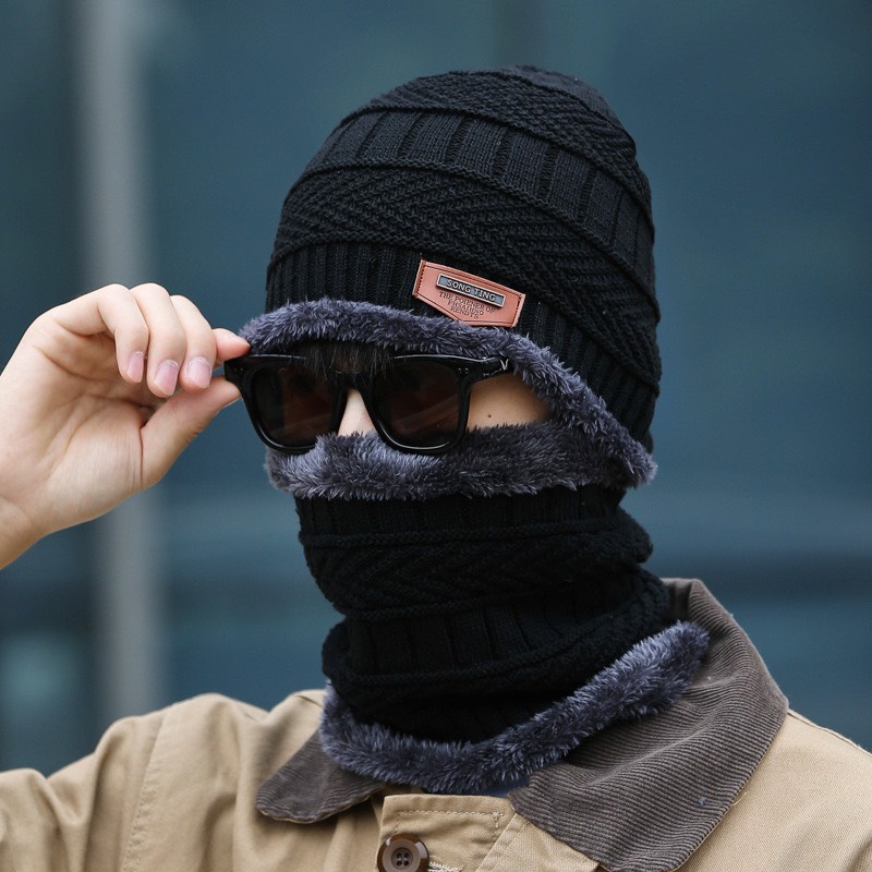 Combo mũ len trùm đầu và khăn len quàng cổ lót lông cực ấm, thiết kế nam tính dành cho cả nam lẫn nữ