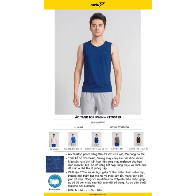 Áo ba lỗ nam KWIN tanktop tập gym thể thao phom dáng Slim Fit khỏe khoắn nam tính KTT004S9