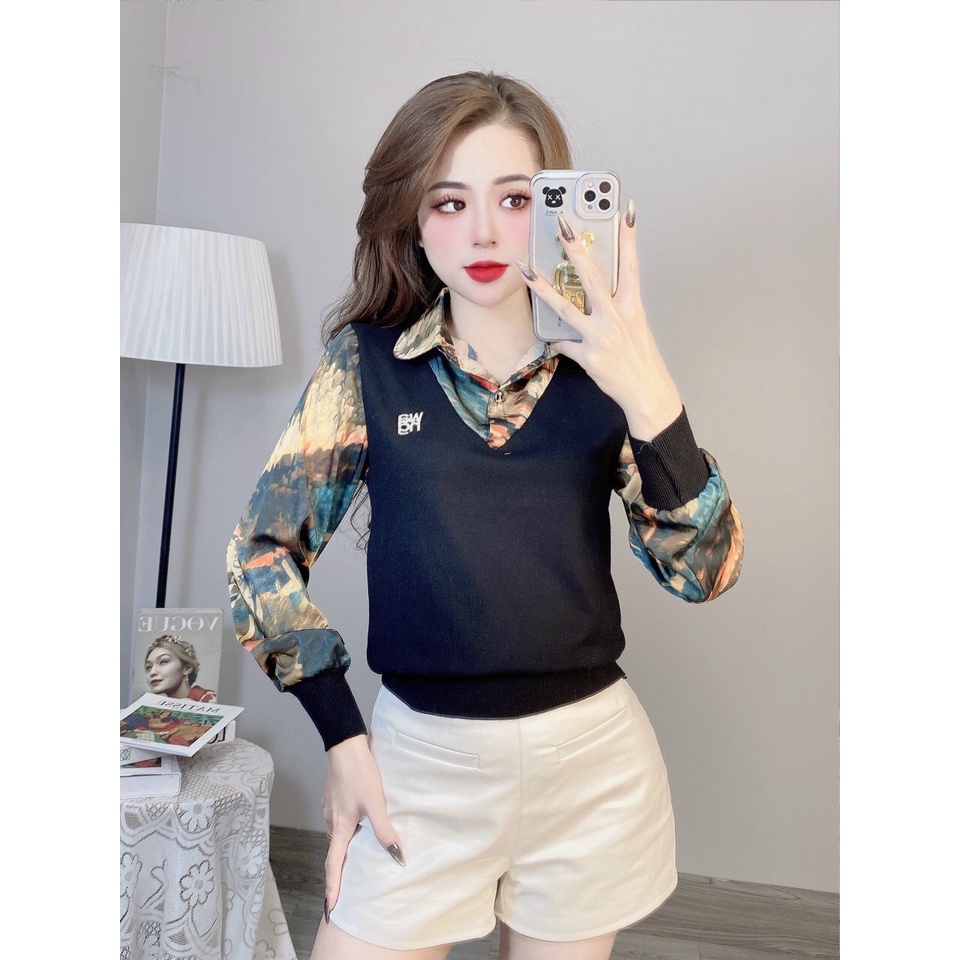 Áo len lông thỏ dày dặn cổ sơ mi phối tay loang