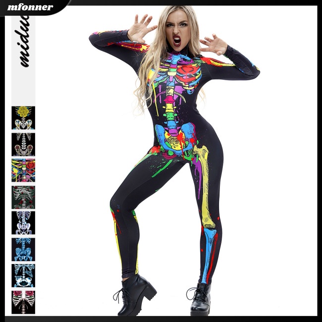 Bộ Áo Liền Quần Dài Tay In Hình Bộ Xương 3d Nhiều Màu Sắc Hóa Trang Halloween