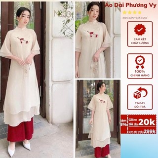 Áo Dài họa tiết Thêu mộc miên vải voan màu Kem ,ao dai cách tân, phù hợp đi mọi sự kiện