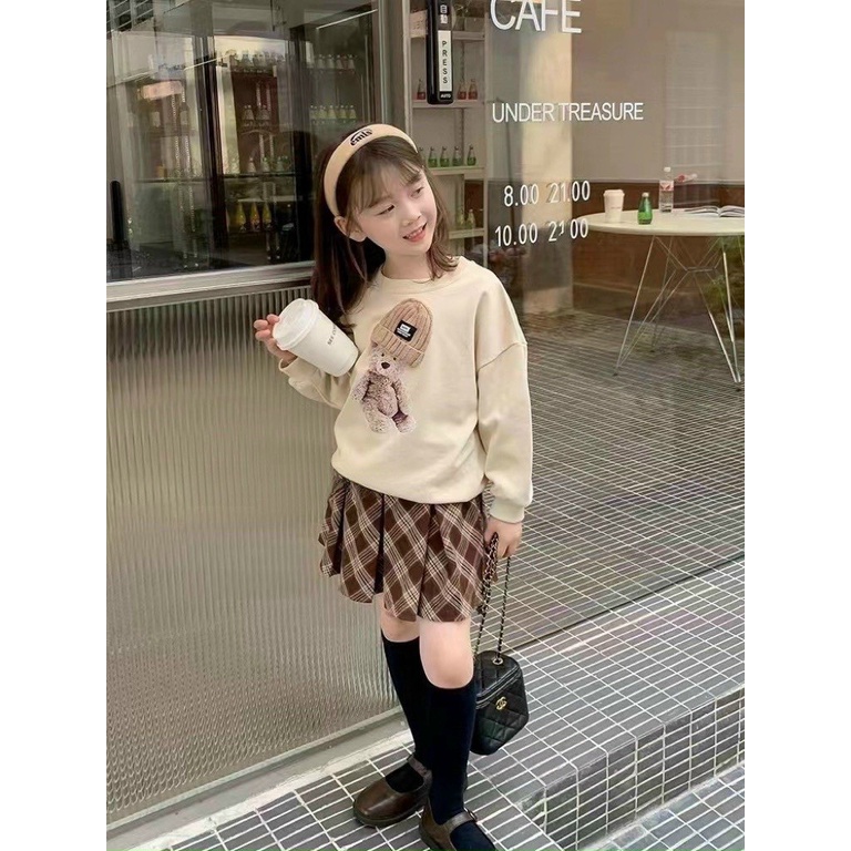 Set Bé Gái Thiết Kế Siêu Đẹp Áo Dài Tay Kết Hợp Chân Váy Xếp Ly Kẻ Vải Thô Kiểu Dáng Thời Trang Cá Tính Cho Bé