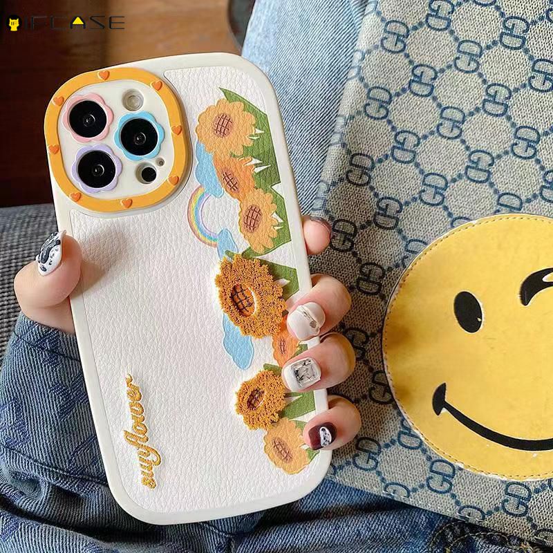 Ốp Điện Thoại Da Mềm Thêu Hình Hoa Hướng Dương Cho iPhone 14 Plus 14 13 12 11 Pro Max XS Max XR X