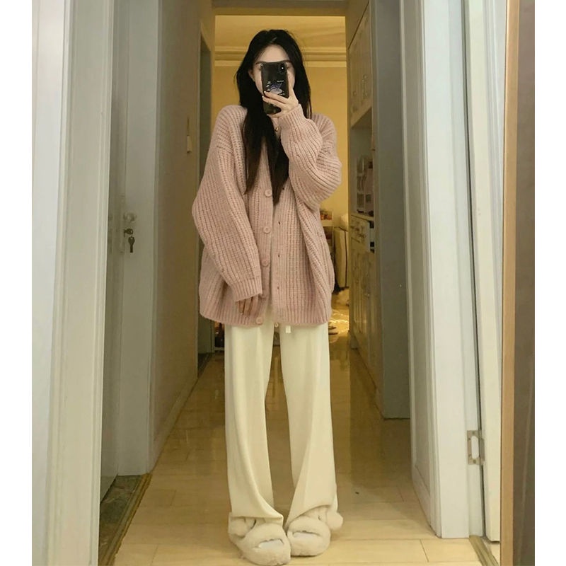 Jiashucheng Áo Khoác Cardigan Dệt Kim Dáng Rộng Mềm Mại Màu Hồng Sáp Phong Cách Preppy Ngọt Ngào Mùa Thu Đông Cho Nữ Sinh
