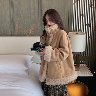 Áo khoác len lông cừu cổ đứng thời trang thu đông cho nữ