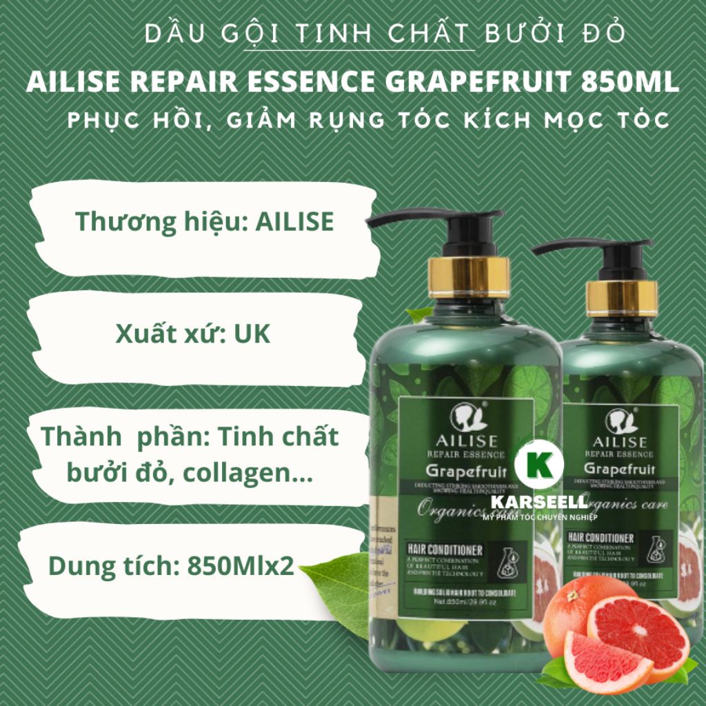 Dầu gội xả bưởi VALERT GRAPEFRUIT AILISE 850ML chống rụng tóc kích mọc tóc phục hồi tóc hư tổn Chuyên dụng cho Salon
