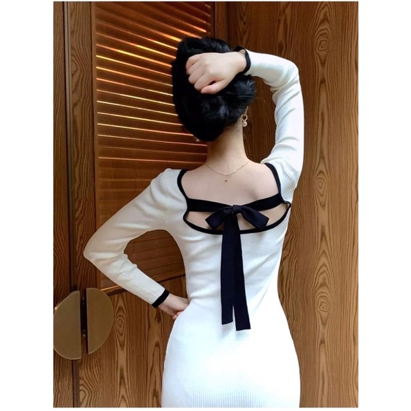 Đầm body tay dài,phối nơ cột sau.