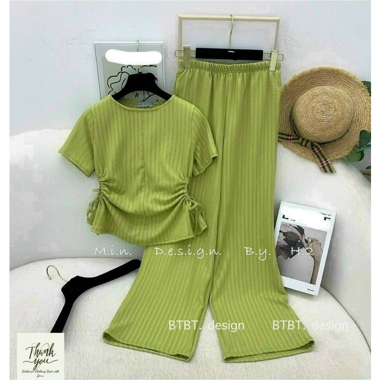 Sét bộ thời trang nữ mặc đi chơi chất thun gân  tay ngắn cổ tròn rút eo mix quần suông dài