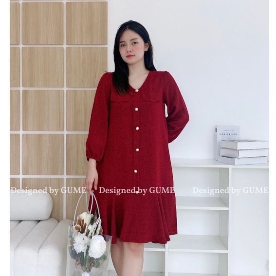 Váy bầu bigsize -Đầm bầu thiết kế GuMe mặc Tết màu đỏ DẠ TĂM CAO CẤP màu đỏ dáng đuôi cá dài tay 40-120KG- MB270