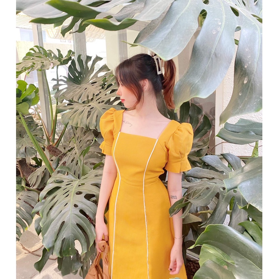 Đầm nữ vàng công sở cổ vuông xinh thiết kế chữ a tay phồng thanh lịch đẹp đi làm đi tiệc eo tôn dáng – Thời trang Lux W