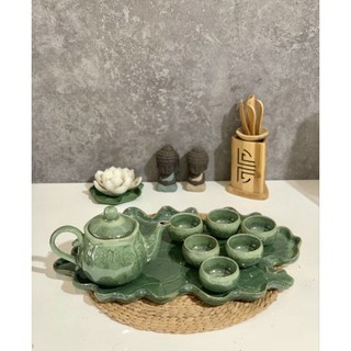 Bộ trà gốm sứ Bát Tràng cao cấp, bộ trà khay sen men cẩm thạch, bộ ấm chén uống chè gốm sứ, bộ trà đẹp