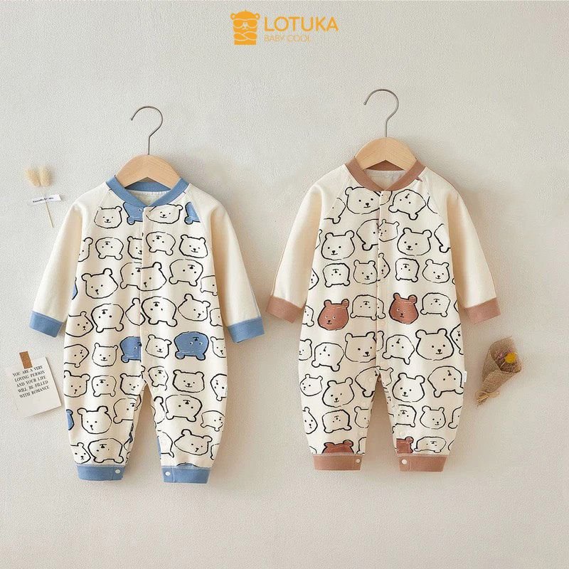 Bodysuit Cho Bé LOTUKA In Gấu Xinh Xắn, Đồ Liền Thân Dài Tay Cúc Dọc Thu Đông Chất Thun Mềm Mịn Size 3-12Kg