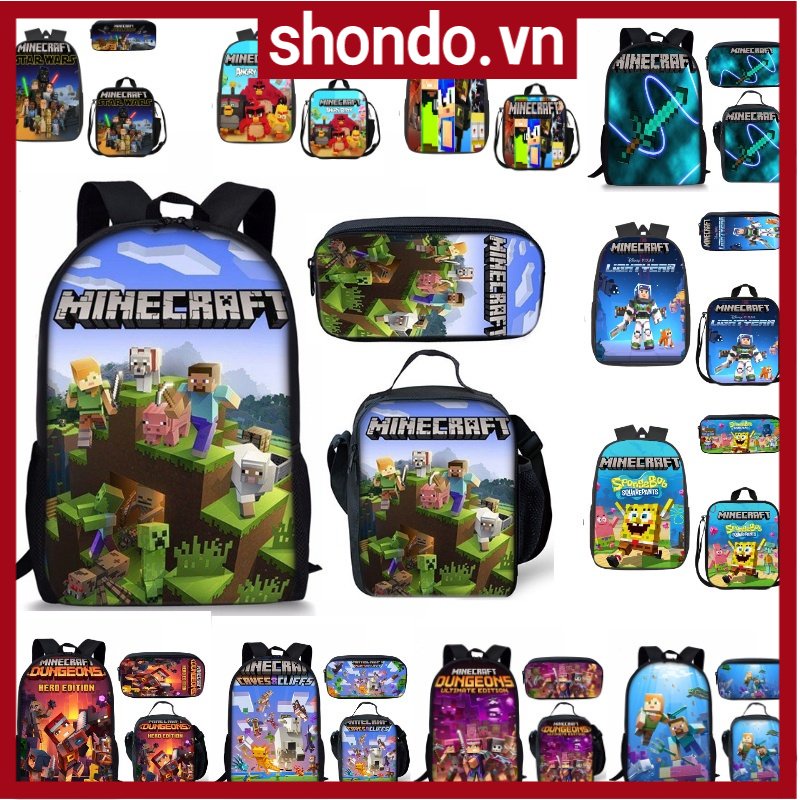 COD balo minecraft Set Ba Lô Túi Đựng Bút Chì Ba Món Hình Minecraft 29 Màu học sinh tiểu học cặp học sinh cặp sách hộp bút balo nữ đi học