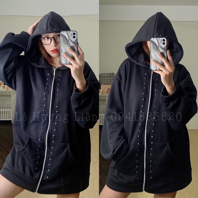 Áo Khoác Hoodie Đính Đá Khóa Kéo Form Rộng  , Áo Nỉ Bông Mũ 2 Lớp Cao Cấp Unisex Nam Nữ