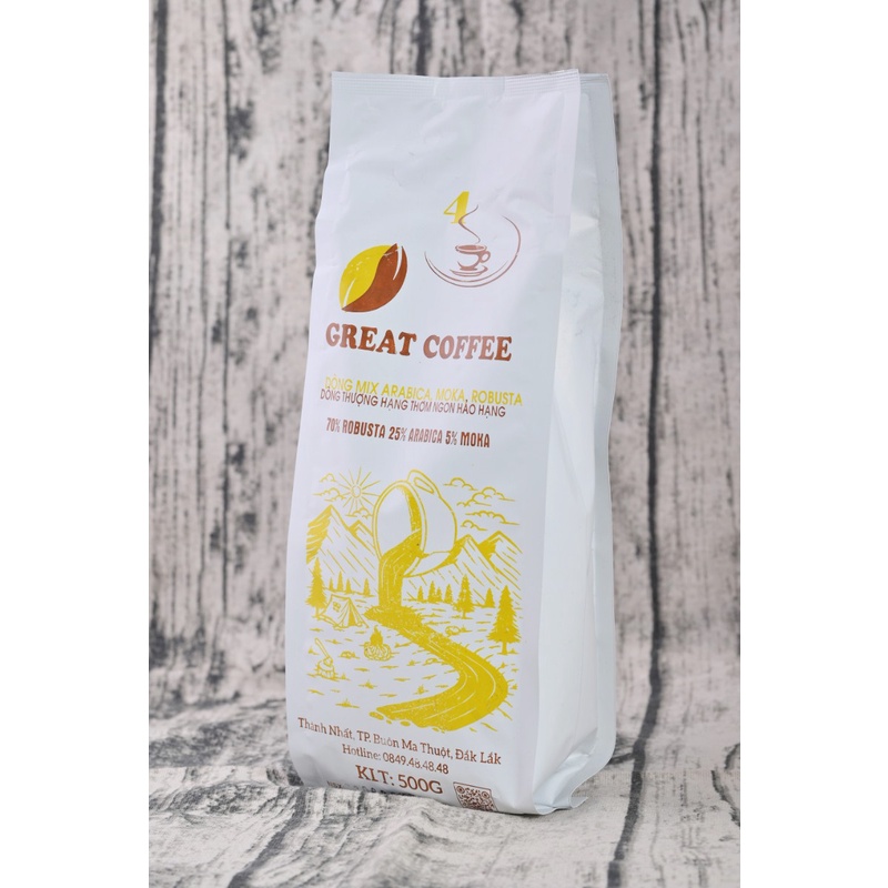 Cà phê rang xay nguyên chất GREAT COFFE,dòng mix 3 arabica,moka,robusta 500g Cp04