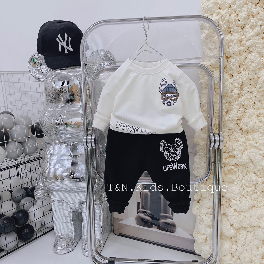 Bộ nỉ da cá dài tay chó lifework  kèm mũ n.y cho bé0