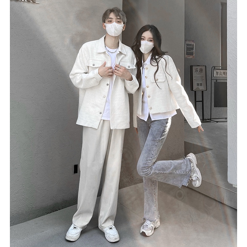 Set Áo Khoác Dạ Đôi Nam Nữ Unisex Màu Trắng Khuy Ngọc Quảng Châu Cao Cấp Dành Cho Cặp Đôi COUPLELOVE C39