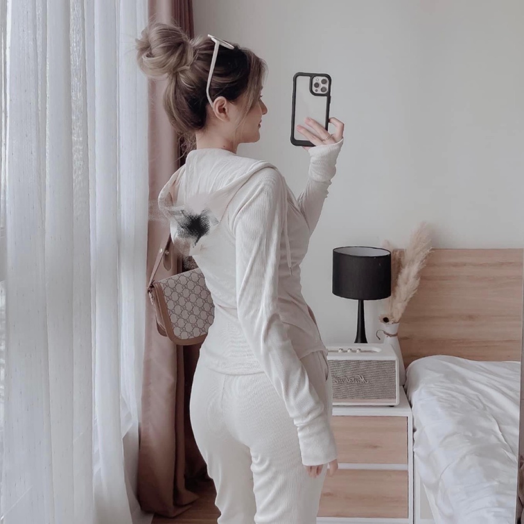 SET ÁO KHOÁC NÓN DÂY KÉO + QUẦN ỐNG TÚM LƯNG THUN 2 MÀU (TH)