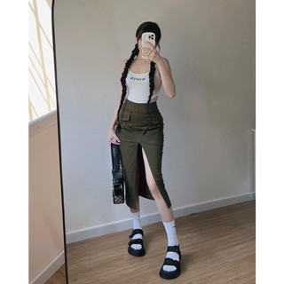 Chân váy midi RÊU xẻ giữa