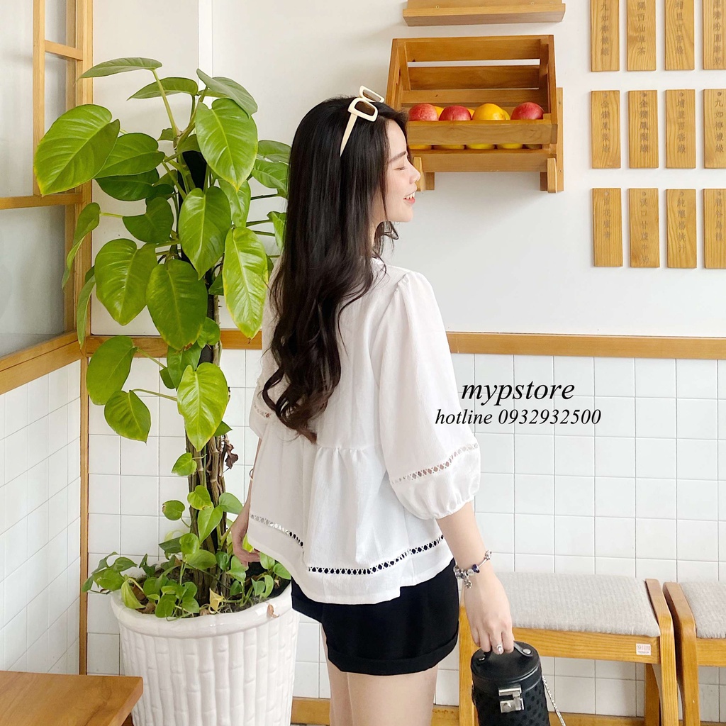 Áo babydoll viền ren tay phồng lửng mypstore A15