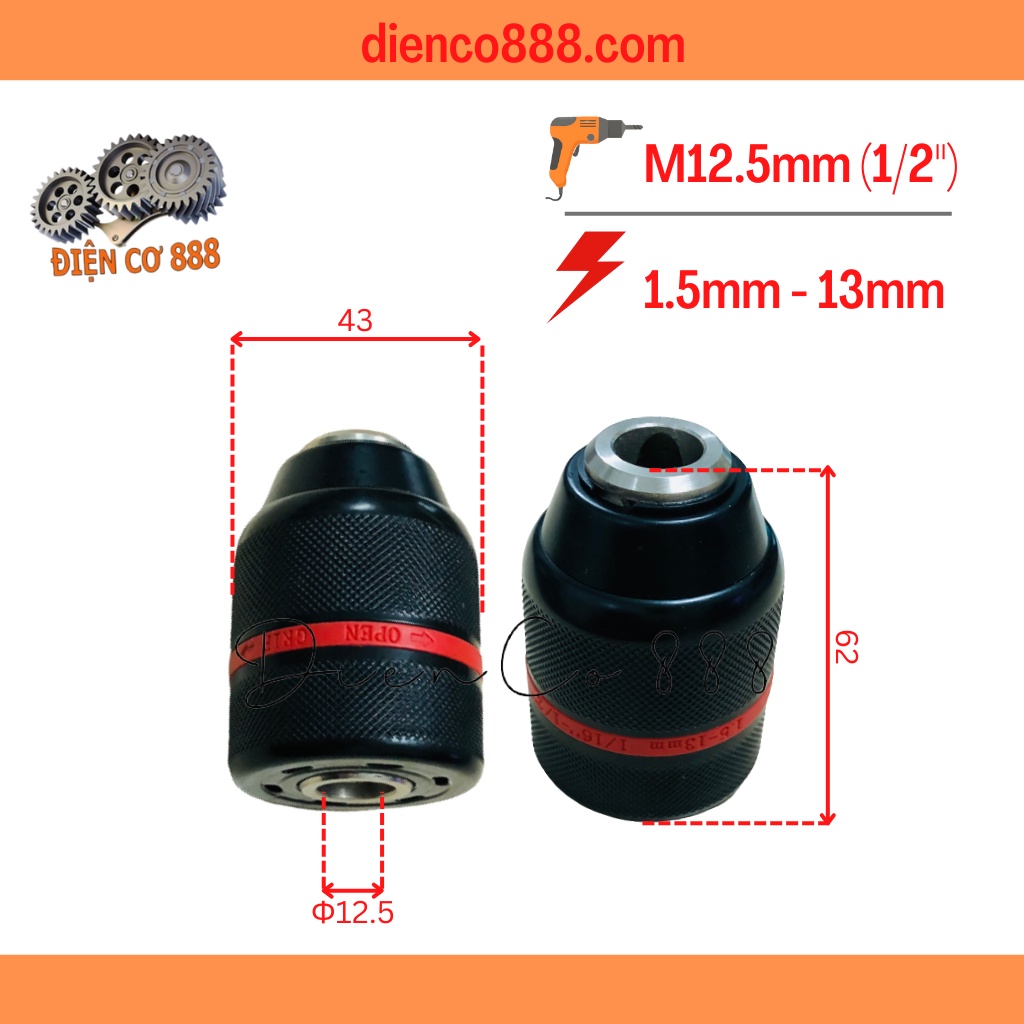 Đầu khoan tự động kẹp mũi 13ly  chuôi ren 1/2" dùng cho khoan điện và khoan pin