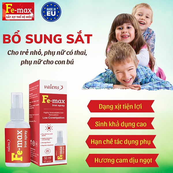 Sắt xịt Valens Fe-Max Iron Spray phòng ngừa thiếu máu do thiếu sắt 50ml