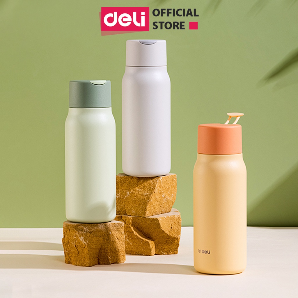 Bình giữ nhiệt cao cấp Deli thiết kế nắpvặn không rò rỉ nước tiện lợi có dây treo chất liệu inox 316 an toàn cao cấp