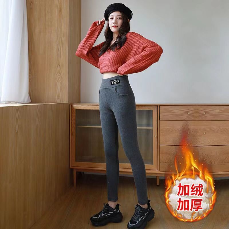 Quần Legging Cotton Lót Lông Cừu Dày Dặn Màu Đen / Xám Giữ Ấm Thời Trang Thu Đông Cho Nữ