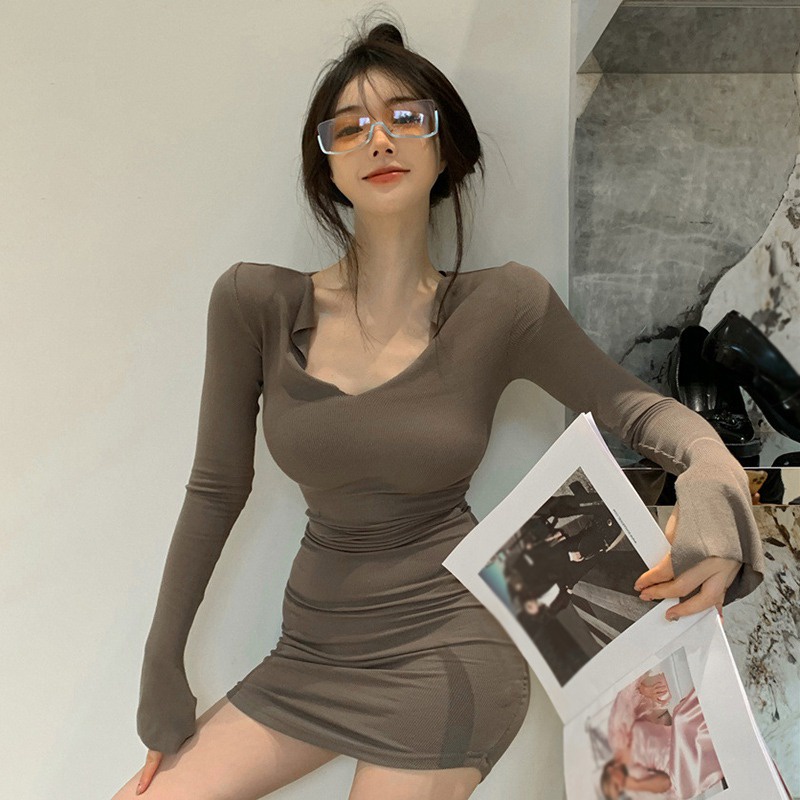 Đầm Tay Dài Cổ Chữ V Màu Sắc Thanh Lịch Phong Cách Hàn Quốc