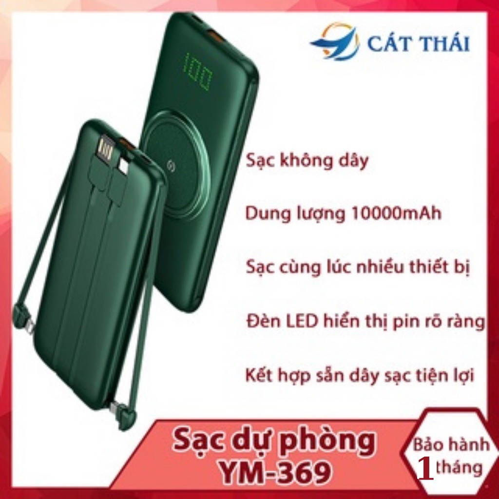 Sạc dự phòng ym-369 kết hợp sạc không dây tiện lợi, tích hợp dây sạc có sẵn dễ dàng sạc cùng lúc nhiều thiết bị