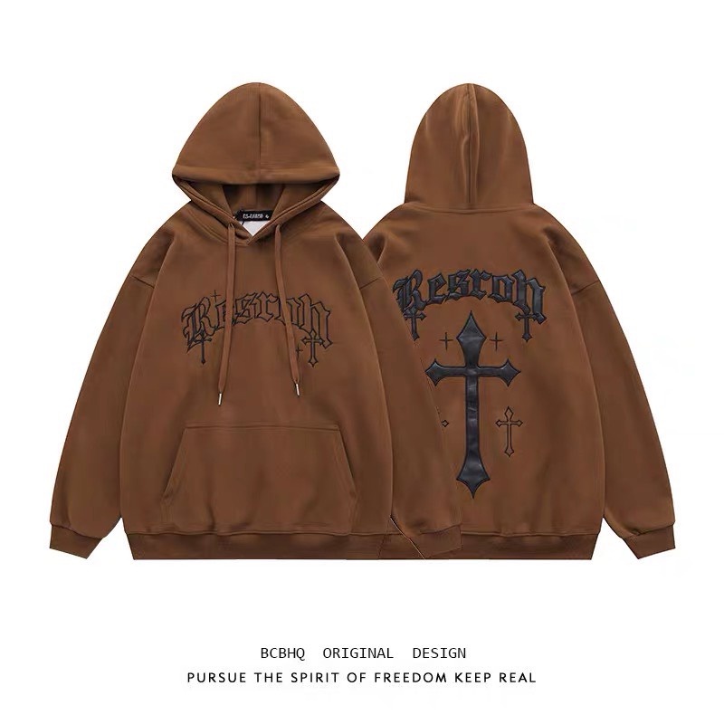 Áo hoodie nỉ bông siêu dày in hình chữ thập form rộng in hình hoạ tiết 2 màu nam nữ mặc đều đẹp