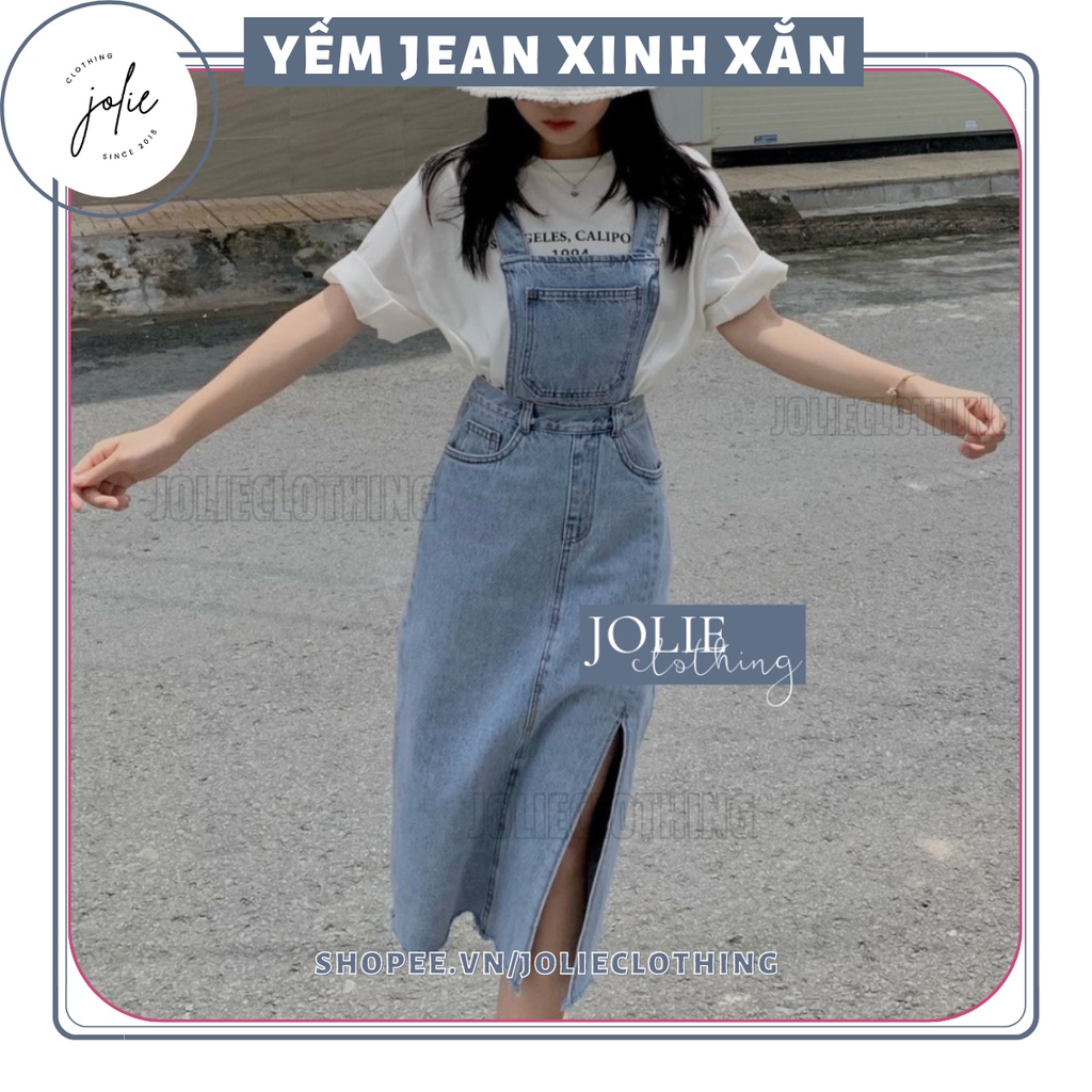 Yếm jean dài, xẻ tà, có túi lớn trước ngực, phong cách Hàn Quốc trẻ trung năng động