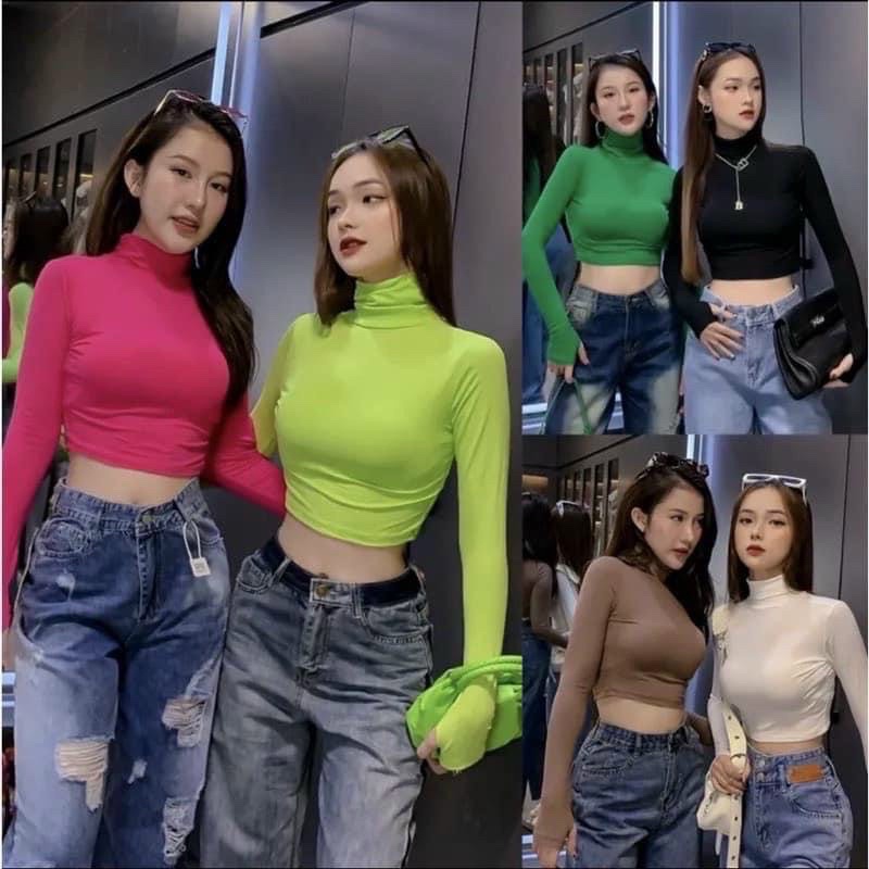ÁO CROPTOP CỔ LỌ TAY DÀI THUN LỤA ÔM BODY TÔN DÁNG
