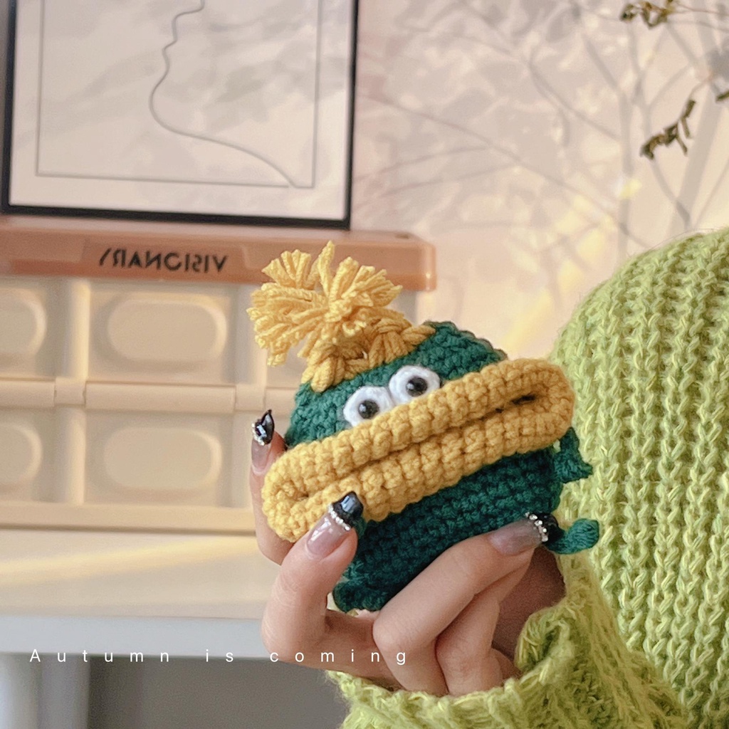 Vỏ Bảo Vệ Hộp Sạc Tai Nghe AirPods 1 2 3 2021 Bluetooth Không Dây Chất Liệu Tpu Mềm Đan Len Hình Quái Vật 3D Màu Xanh Lá