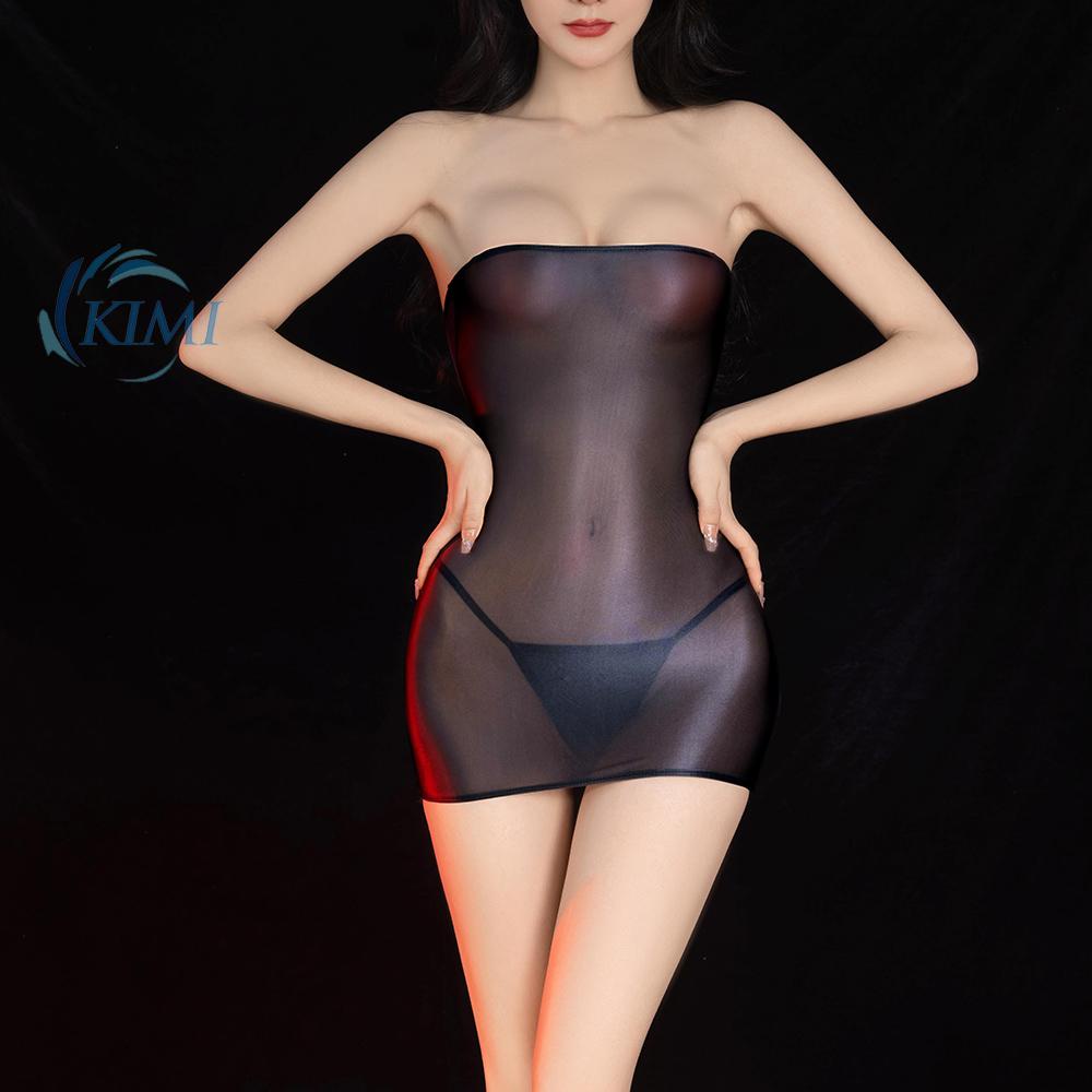 KIMI-Sexy Lingerie Women Bodycon Dress Tube Top Mini Dress Oil Shiny Silky Clubwear