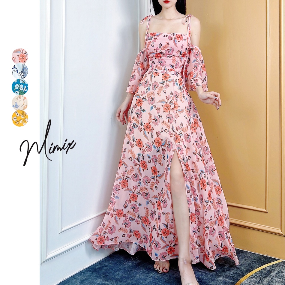 Set hoa áo rớt vai kèm chân váy chất voan tơ sóng MIMIX CK6215