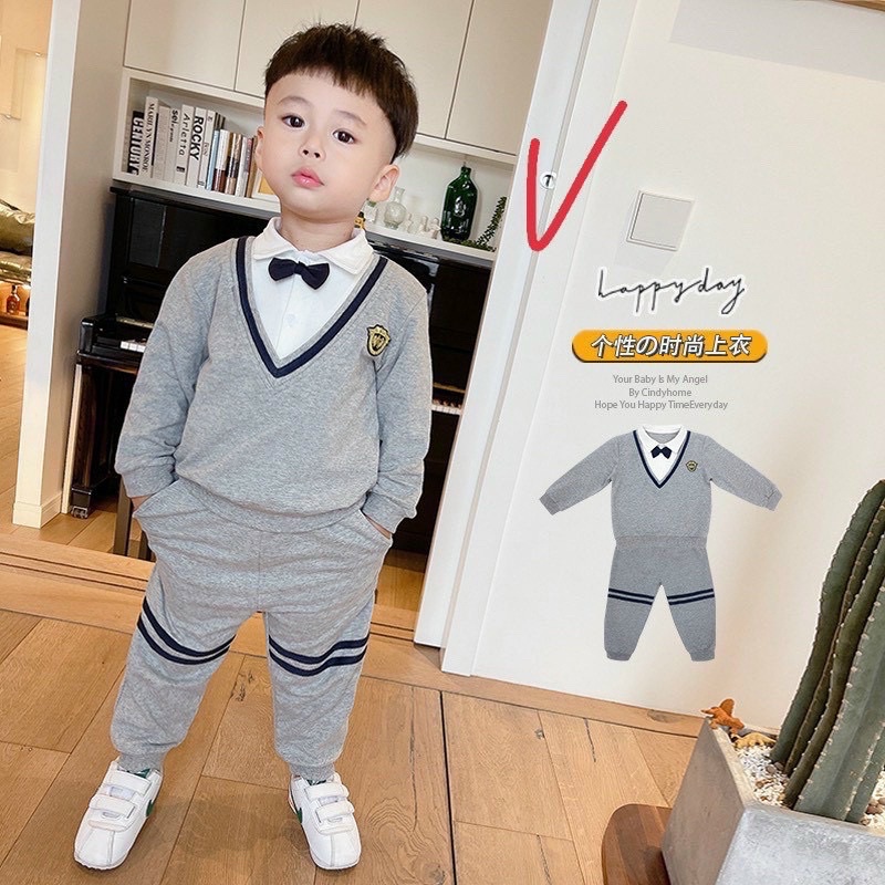 Bộ nỉ cho bé giả gile cổ tim  Đồ bộ thu đông dài tay cho bé trai chất da cá tàu 1 2 3 4 5 6 tuổi
